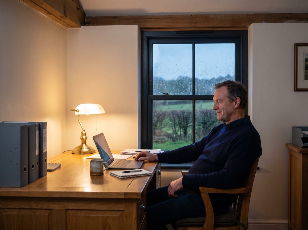 An engineering firm owner at his desk on a rainy evening, reading an answer on his laptop