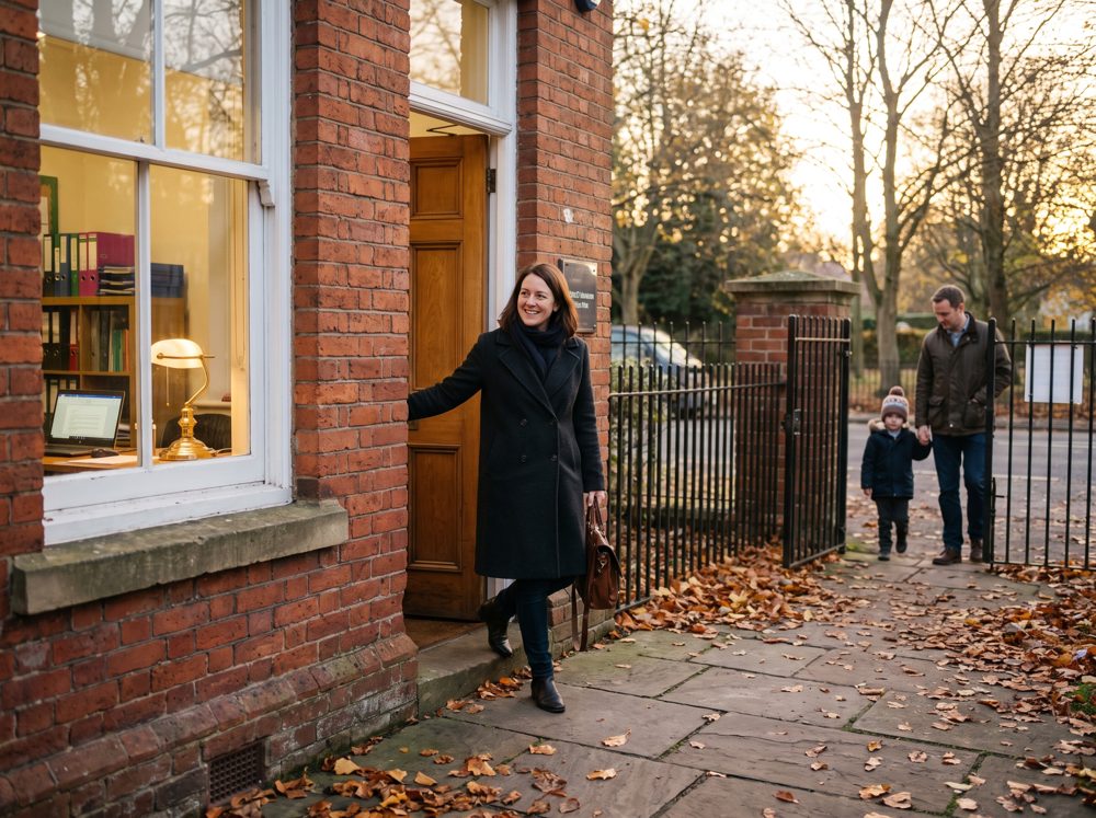 A school business manager leaves the office at the end of the day to meet her family at the gate